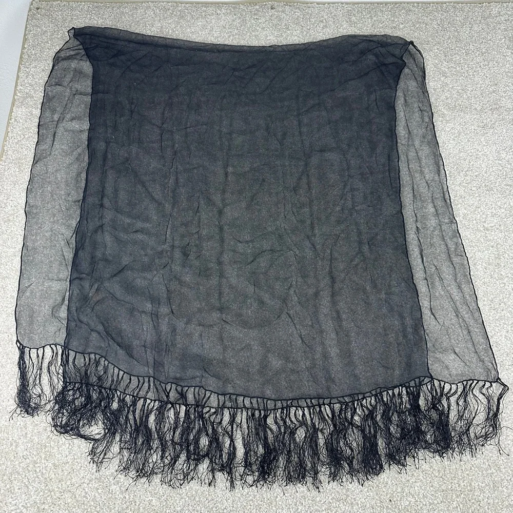 Black Sheer Glitter Fringe Shawl Wrap Evening Scarf Lightweight Shimmer Trim